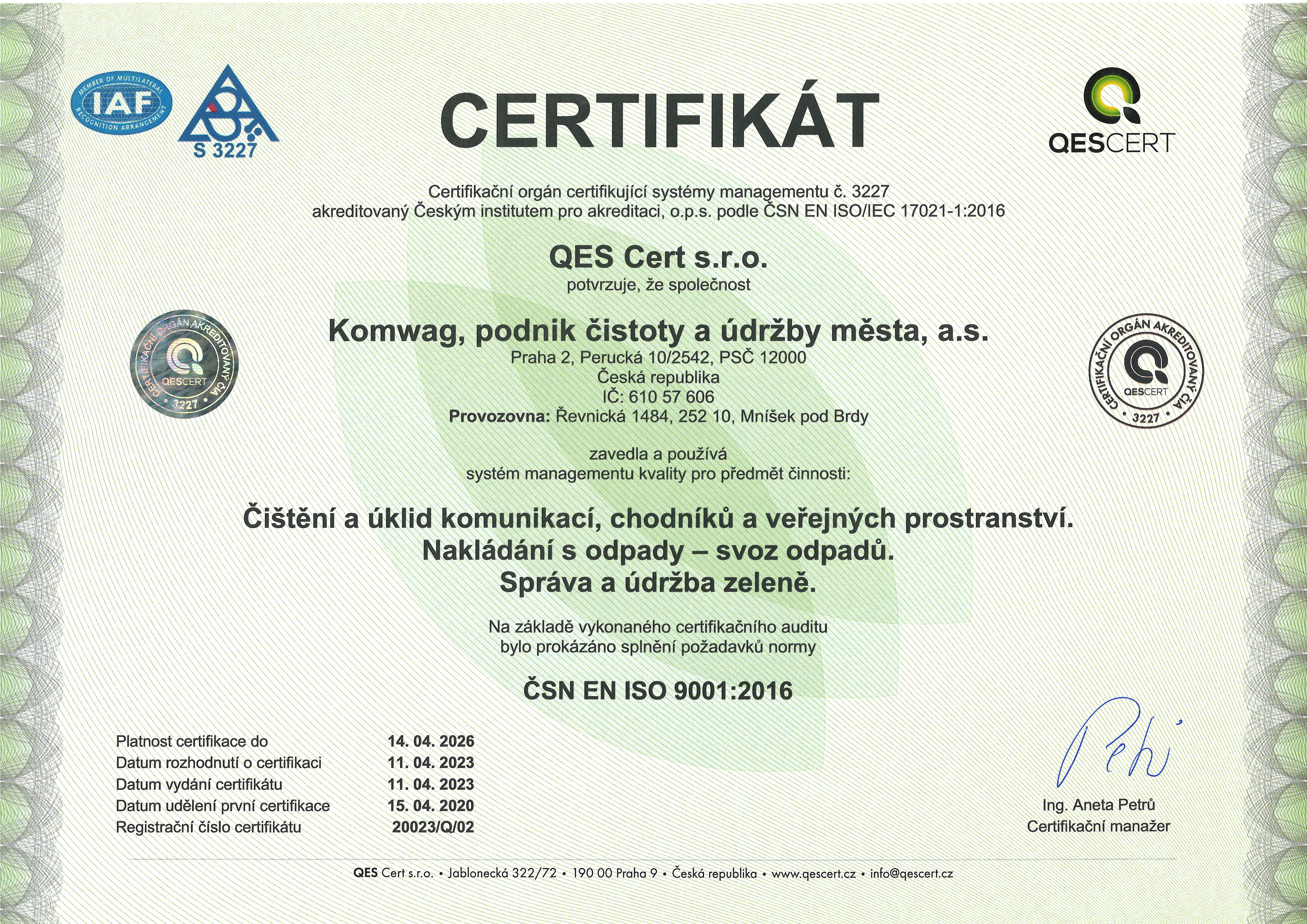 ISO certifikát 9001.2016 CZ